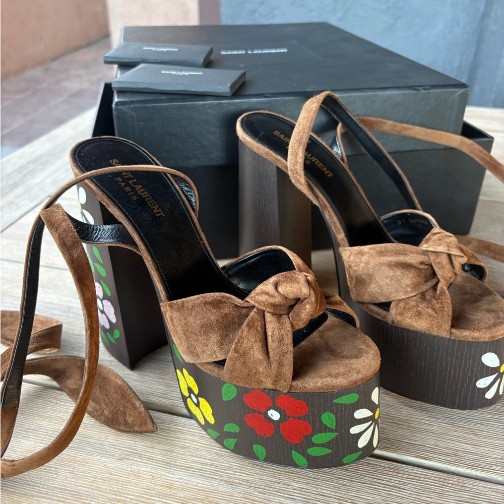 Saint Laurent Paige Platforms in Brown Suede Floral Print (NWT)